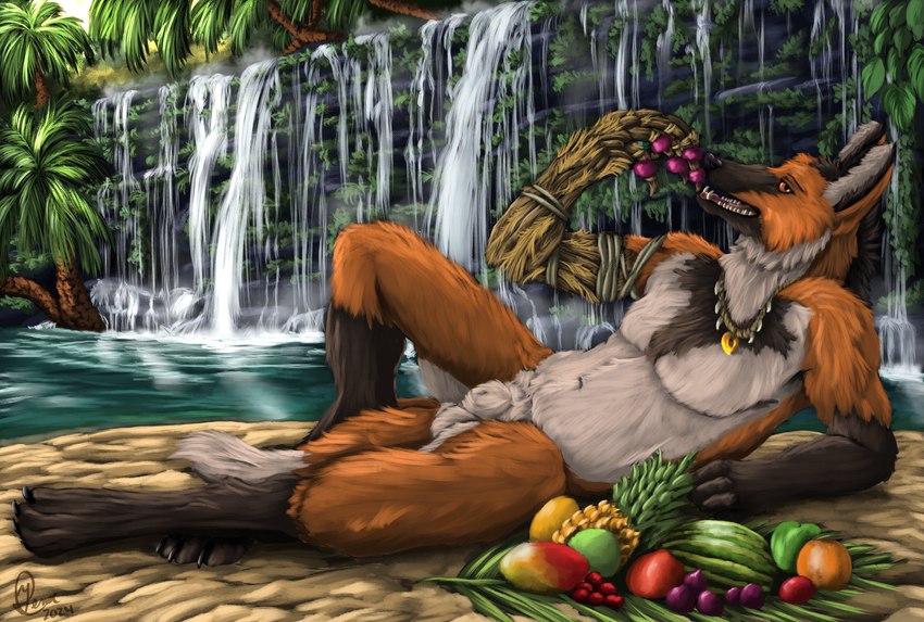 animal_genitalia anthro brown_body brown_fur citrine_(gem) eating eating_food food fruit fur genitals island jewelry landscape lying_on_ground magic male necklace nude on_ground orange_body orange_fur palm_tree plant sand sheath solo tree water waterfalls wicker yenocwolf anik secrets_of_uncrom uncrom jorik_(uncrom) canid canine mammal maned_wolf nargas_dercas 2024 absurd_res digital_media_(artwork) digital_painting_(artwork) hi_res painting_(artwork)