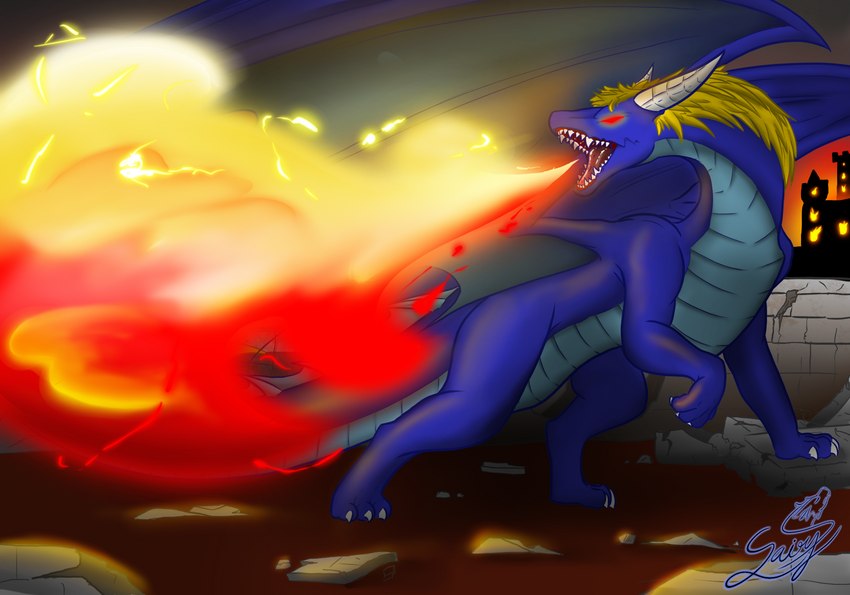 angry blue_body blue_scales feral fire glowing glowing_eyes horn male mane open_mouth orange_mane red_eyes scales solo tail wings sairysia mythology kumo dragon mythological_creature mythological_scalie scalie hi_res