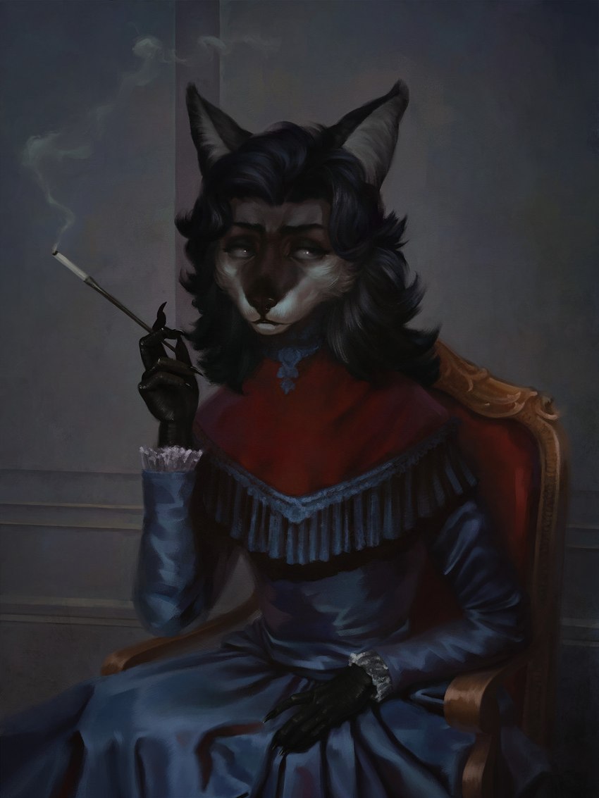 anthro chair clothed clothing dress female furniture hair holding_object messy_hair sitting smoke smoking solo tired tired_eyes bra1neater canid canine canis mammal wolf 2022 3:4 digital_media_(artwork) hi_res portrait