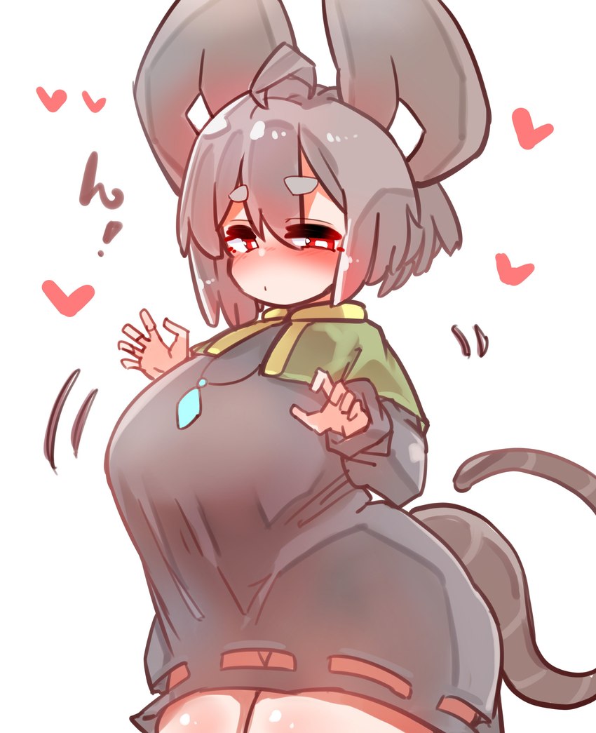 ahoge big_breasts big_ears blush breasts capelet clothed clothing dress exclamation_point female grey_hair hair heart_symbol jewelry mouse_tail pendant red_eyes short_hair solo sabitare touhou nazrin animal_humanoid humanoid mammal mammal_humanoid mouse_humanoid murid murid_humanoid murine murine_humanoid rodent rodent_humanoid absurd_res hi_res