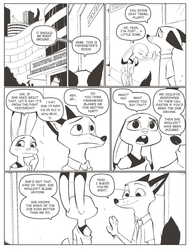 anthro border dialogue duo female male speech_bubble text white_border rockbottomfeeder disney zootopia judy_hopps nick_wilde canid canine fox lagomorph leporid mammal rabbit red_fox true_fox black_and_white comic english_text hi_res monochrome