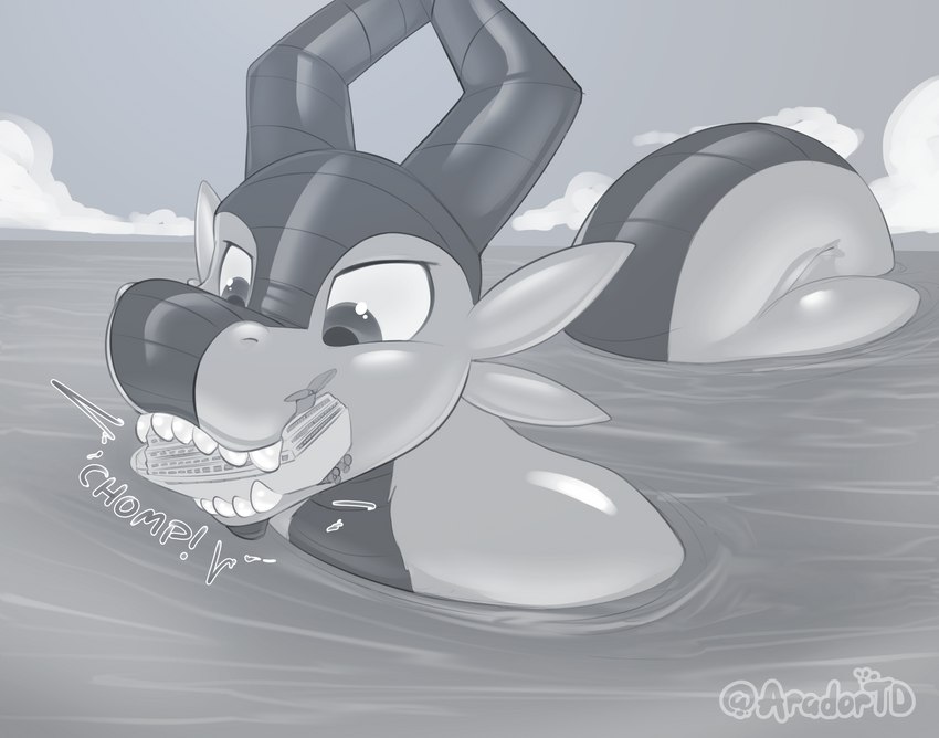 anthro cruise_ship inflatable macro merchant_ship narrowed_eyes object_in_mouth outside partially_submerged passenger_ship pool_toy sea ship solo tail vehicle water watercraft aradortd mythology animate_inanimate dragon living_inflatable mythological_creature mythological_scalie scalie 2023 digital_drawing_(artwork) digital_media_(artwork) hi_res monochrome signature