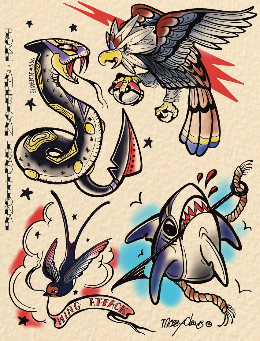 ambiguous_gender american_traditional feathered_wings feathers feral fin flying group pokeball rope speech_scroll tattoo_design wings mossy_claws nintendo pokemon avian bird braviary fish generation_3_pokemon generation_5_pokemon marine pokemon_(species) reptile scalie seviper shark sharpedo snake taillow hi_res shaded soft_shading