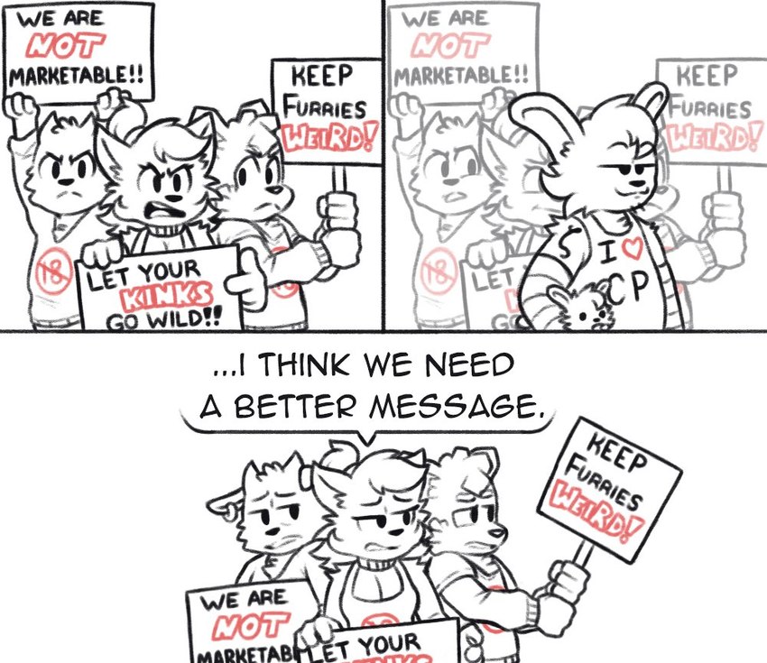 3_panel_comic 4_fingers ambiguous_gender angry anthro arm_tuft armwear breasts chest_tuft cleavage clothed clothing collar dialogue disappointed ear_piercing ear_ring elbow_gloves elbow_tuft eyebrows female fingers frown furry_fandom gloves group handwear head_tuft heart_symbol holding_object long_sleeves male parody piercing prohibition_sign protest ring_piercing shirt sign simple_background speech_bubble stated_pedophilia tattoo text text_on_clothing text_on_shirt text_on_topwear topwear tuft white_background zeta_(symbol) optical_96 bear bovid caprine domestic_cat felid feline felis goat lagomorph leporid mammal rabbit 2023 comic digital_media_(artwork) english_text