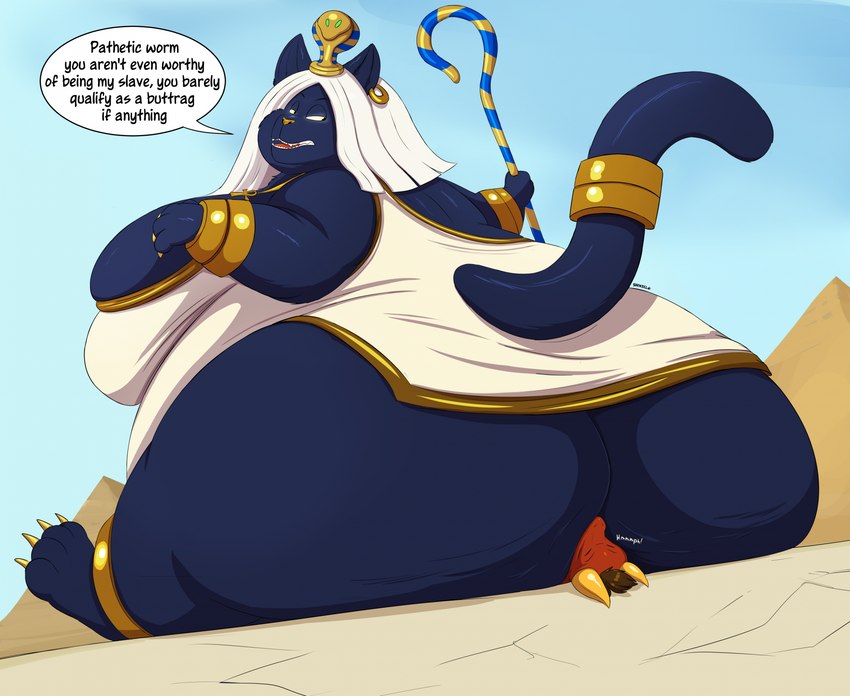 anthro big_breasts big_butt big_dom_small_sub breasts butt clothing desert dialogue dominant dominant_female duo egyptian egyptian_clothing egyptian_headdress facesitting female huge_breasts huge_butt hyper hyper_breasts hyper_butt looking_back male male/female obese obese_anthro obese_female overweight overweight_anthro overweight_female pharaoh pyramid queen royalty sitting_on_another size_difference speech_bubble submissive submissive_male tail text shenzel mythology domestic_cat dragon felid feline felis mammal mythological_creature mythological_scalie scalie english_text hi_res