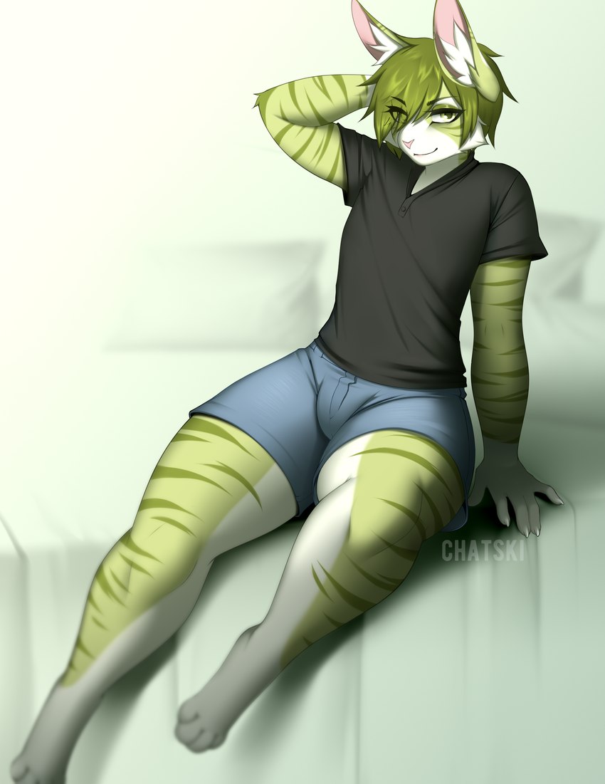 abstract_background anthro bed bedroom big_butt black_polo_shirt blue_bottomwear blue_clothing blue_jeans blue_pants bottomwear bulge butt clothing denim denim_bottomwear denim_clothing femboy flat_chested fur fur_markings furniture green_body green_fur green_hair hair hand_on_head huge_butt huge_hips huge_thighs jeans jeans_shorts looking_at_viewer male markings pants paws seductive shorts sitting slightly_chubby slightly_chubby_anthro slightly_chubby_male solo thick_thighs white_bed_sheet white_body white_fur wide_hips chatski lagomorph leporid mammal rabbit absurd_res hi_res