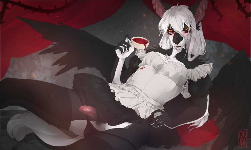 anthro black_sclera clothed clothing container crossdressing cup femboy genitals hair half-erect legwear long_hair looking_at_viewer maid_uniform male panties penis solo tea_cup underwear uniform white_hair wings dai.dai bat canid canine fox hybrid leaf-nosed_bat mammal microbat vampire vampire_bat yangochiropteran 5:3