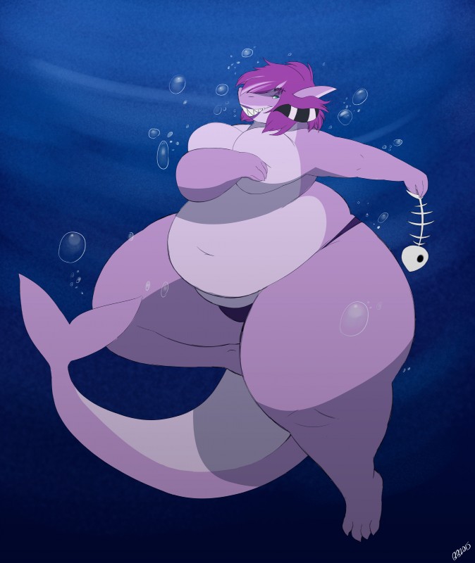 anthro belly big_belly big_breasts bloated breasts female hair huge_hips love_handles multicolored_hair navel non-mammal_breasts nude overweight overweight_anthro overweight_female plantigrade purple_hair solo thick_thighs underwater water wide_hips bangabear elmelie fish marine shark absurd_res hi_res