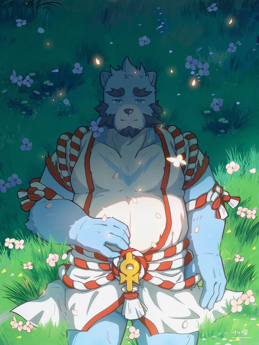 anthro beard belly big_belly blue_body clothed clothing detailed_background facial_hair lying male outside overweight overweight_male solo white_body mercblue2 bonasiah full_attack sophring_jie bear mammal 2021 hi_res