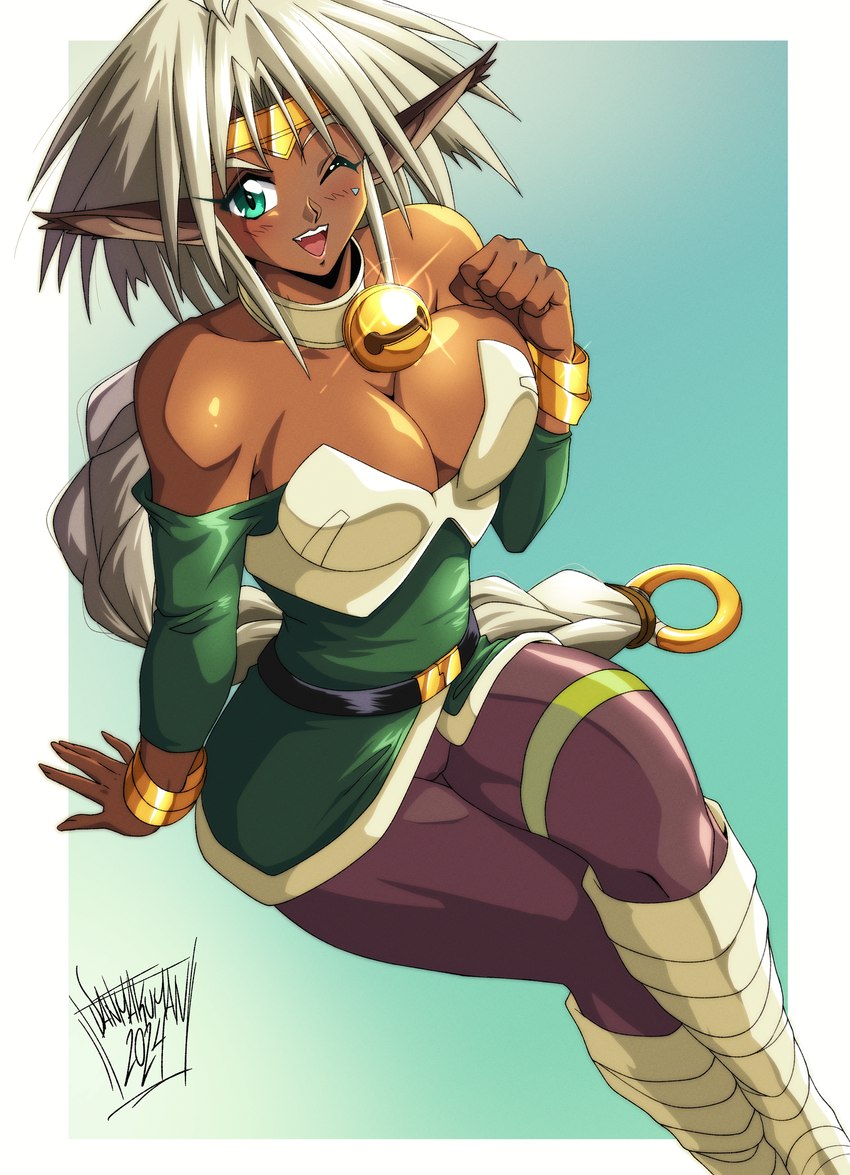 bell bell_collar belt big_breasts bottomwear bracelet braided_hair breasts brown_body clothing collar collarbone crown eyebrows eyelashes female glistening glistening_breasts green_clothing green_eyes green_topwear hair headgear jewelry long_hair one_eye_closed open_mouth open_smile pants smile solo tiara topwear white_hair wink danmakuman outlaw_star aisha_clanclan animal_humanoid ctarl-ctarl felid felid_humanoid humanoid mammal mammal_humanoid 2024 hi_res