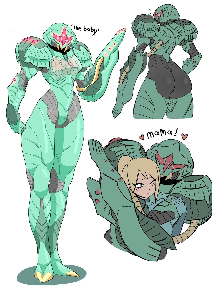 aged_up big_butt blonde_hair blue_eyes blush bubble_butt butt duo female glowing glowing_eyes green_body green_skin hair hug rear_view red_eyes red_sclera simple_background text thick_thighs translucent_chest white_background wide_hips salamander10 metroid nintendo samus_aran the_baby alien alien_humanoid human humanoid mammal metroid_(species) english_text hi_res adopted_(lore) adopted_daughter_(lore) adoptive_mother_(lore)