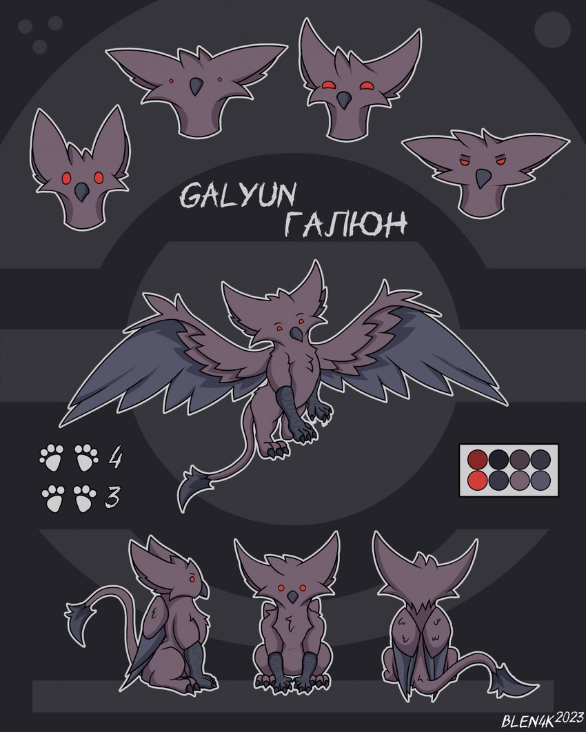 claws feathers feral fur male purple_body purple_fur red_eyes solo tail wings blen4k galyun 2023 hi_res model_sheet