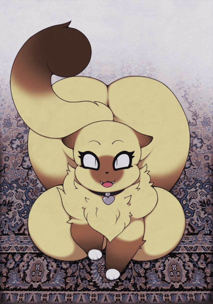 big_breasts big_butt breasts brown_body brown_fur busty_feral butt carpet collar eyeliner female feral fur huge_breasts huge_butt lying makeup on_front smile solo yellow_body yellow_fur smokyjai domestic_cat felid feline felis mammal absurd_res hi_res