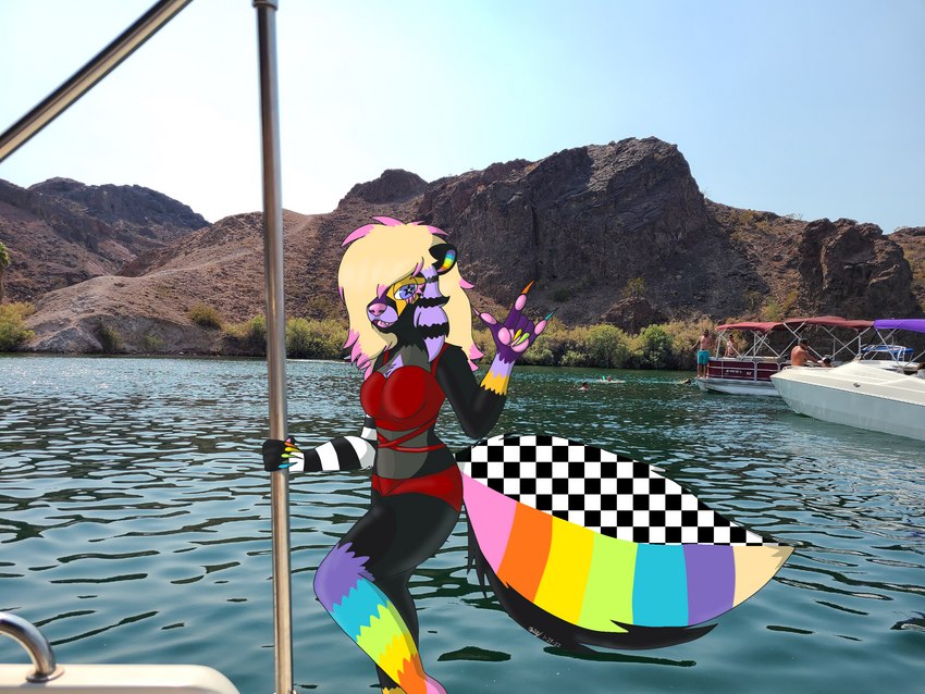 alternative_fashion anthro arizona boat clothing coontail_hair female lake photo_background scene_(fashion) scene_haircut solo sparklefur swimwear vehicle watercraft cheesesnake havasu canid human mammal mephitid skunk 4:3 hi_res photography_(artwork)