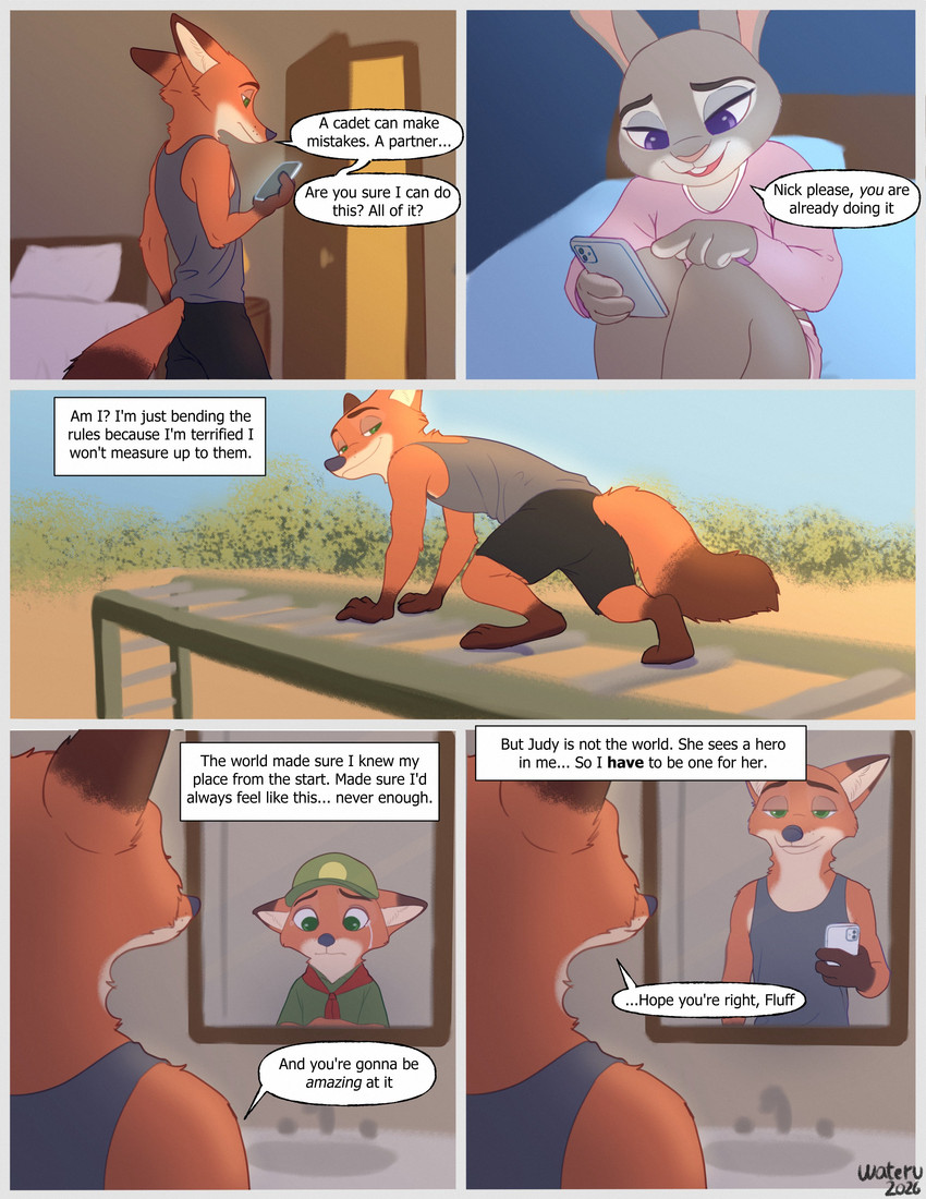 anthro bare_legs barefoot bed bodily_fluids bottomwear clothing dialogue duo feet female fur furniture grey_clothing grey_shirt grey_topwear male male/female mirror orange_body orange_fur outside shirt shorts speech_bubble standing tears text thick_thighs topwear young young_anthro uwuwateru disney zootopia judy_hopps nick_wilde canid canine european_rabbit fox lagomorph leporid mammal oryctolagus rabbit red_fox true_fox absurd_res comic english_text hi_res