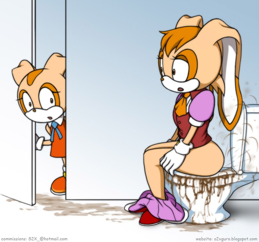 anthro bathroom big_butt bottomwear bottomwear_down butt caught clothing diarrhea duo embarrassed fart fart_cloud fart_fetish feces female overflowing_toilet public_restroom restroom_stall scatplay sitting skirt_down toilet toilet_bowl toilet_seat toilet_use wide_hips young s2x sega sonic_the_hedgehog_(series) cream_the_rabbit vanilla_the_rabbit mammal