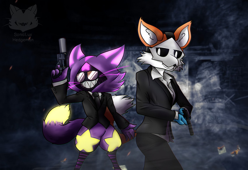 anthro blurred_background breasts clothing duo eyewear female glowing glowing_markings gun handgun judge_shotgun male markings mask pistol ranged_weapon revolver silencer smoke suit sunglasses weapon sonicluxhedgeman changed_(video_game) payday payday_(series) payday_2 puro_(changed) rain_(midnightskyw3re) soniclux canid canine fox impim mammal 2020 absurd_res digital_drawing_(artwork) digital_media_(artwork) hi_res signature watermark