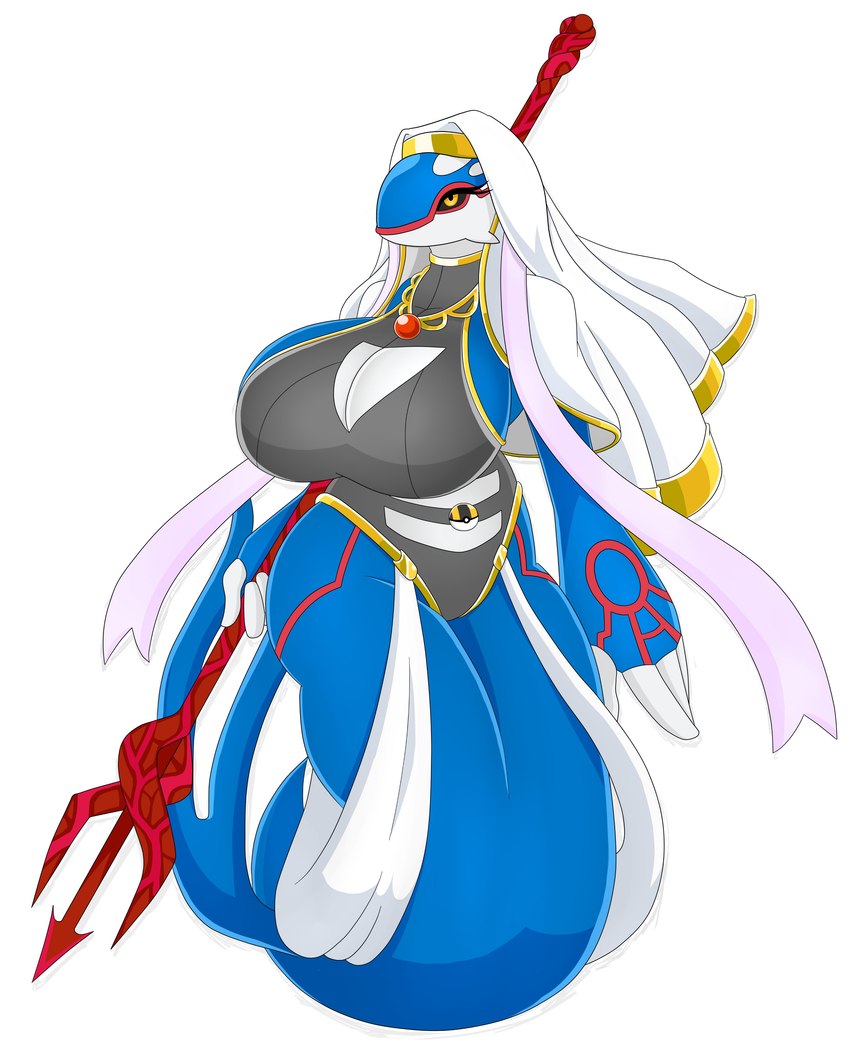 accessory anthro big_breasts blue_body breasts clothing collar female fin huge_breasts legless melee_weapon pokeball polearm pupils shirt simple_background solo tail topwear trident tunic veil weapon white_background yellow_eyes urusee584 nintendo pokemon generation_3_pokemon kyogre legendary_pokemon pokemon_(species) absurd_res hi_res