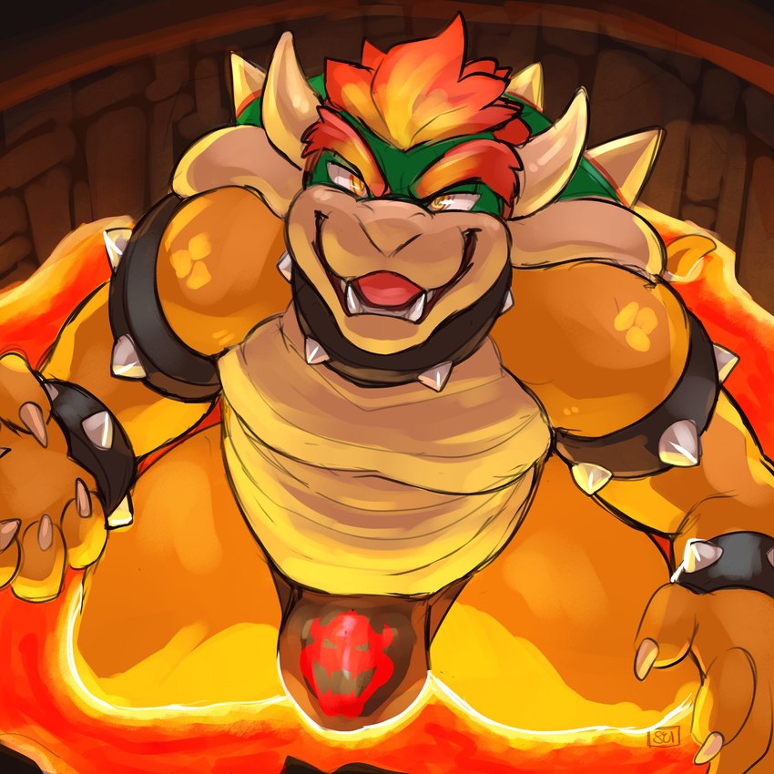 anthro bowser_logo bracelet bulge claws clothed clothing collar countershading eyebrows fangs hair high-angle_view horn jewelry jockstrap lava lava_bath lava_pool looking_at_viewer male male_anthro musclegut muscular open_mouth orange_hair partially_submerged red_hair shell slightly_chubby smile solo spiked_bracelet spiked_collar spiked_shell spikes spikes_(anatomy) teeth topless underwear seibear mario_bros nintendo bowser koopa reptile scalie 1:1 digital_media_(artwork) hi_res shaded