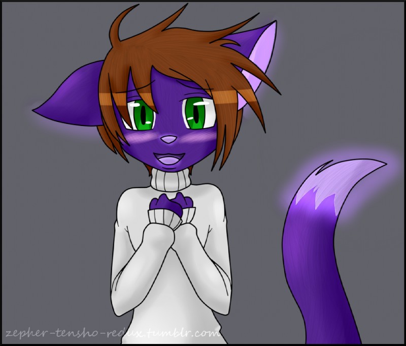 anthro blush brown_hair clothed clothing femboy fluffy fluffy_tail front_view fur glowing green_eyes grey_background hair hand_on_chest looking_at_viewer male open_mouth purple_body purple_fur purple_nose purple_tongue simple_background solo sweater tail tongue topwear zepher-tensho zepher_tensho canid canine fox mammal