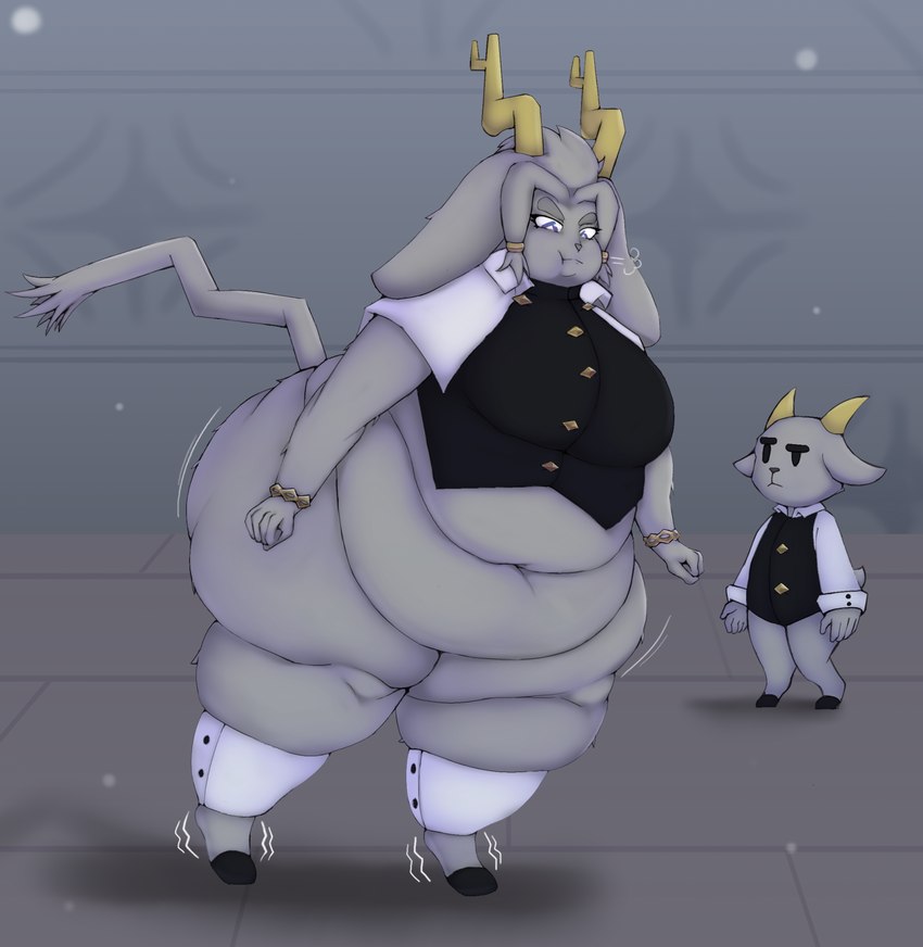 2_horns anthro antlers belly big_belly big_butt biped blue_eyes breasts breath butt chubby_cheeks clothing duo female female_anthro floppy_ears fur grey_body grey_fur grey_hair hair horn larger_female lop_ears love_handles male male_anthro monotone_body monotone_fur navel obese obese_anthro obese_female overweight overweight_anthro overweight_female shaking size_difference smaller_male standing tail trembling walking wingding_eyes shweetmagnet pseudoregalia butler_(pseudoregalia) sybil_(pseudoregalia) bovid caprine goat hybrid jackalope lagomorph leporid mammal rabbit 2023 colored digital_drawing_(artwork) digital_media_(artwork) hi_res shaded