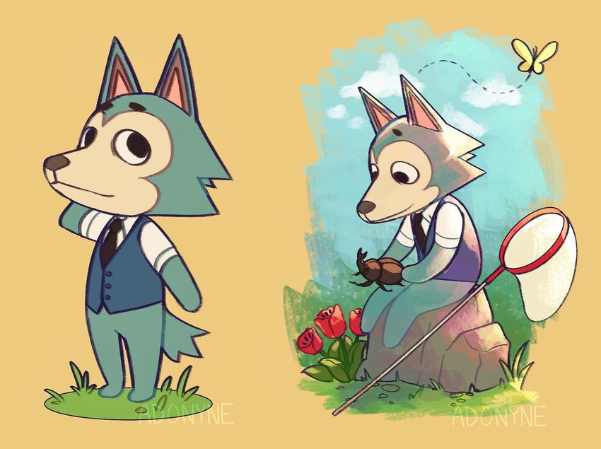 anthro daww dotted_line flower fur grass grey_body grey_fur group male motion_path multiple_poses outside path_lines plant pose rock sitting solo trio adonyne animal_crossing beastars nintendo legoshi_(beastars) arthropod beetle butterfly canid canine canis insect lepidopteran mammal rhinoceros_beetle scarabaeid wolf 2020 multiple_images