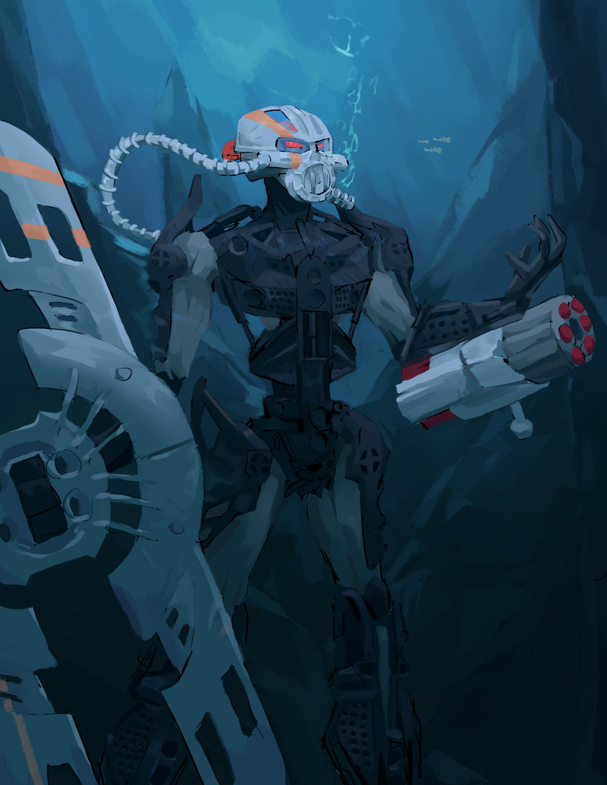 5_fingers air_bubble ambiguous_gender armor black_body detailed_background diving_mask fingers gun handgun headgear holding_object holding_weapon machine machine_gun markings mask melee_weapon multicolored_body not_furry orange_markings ranged_weapon red_eyes shield simple_background solo standing torpedo_launcher two_tone_body underwater water weapon white_body prog_ares bionicle lego nuparu fish humanoid marine robot robot_humanoid sea_squid_(rahi) toa absurd_res digital_drawing_(artwork) digital_media_(artwork) hi_res