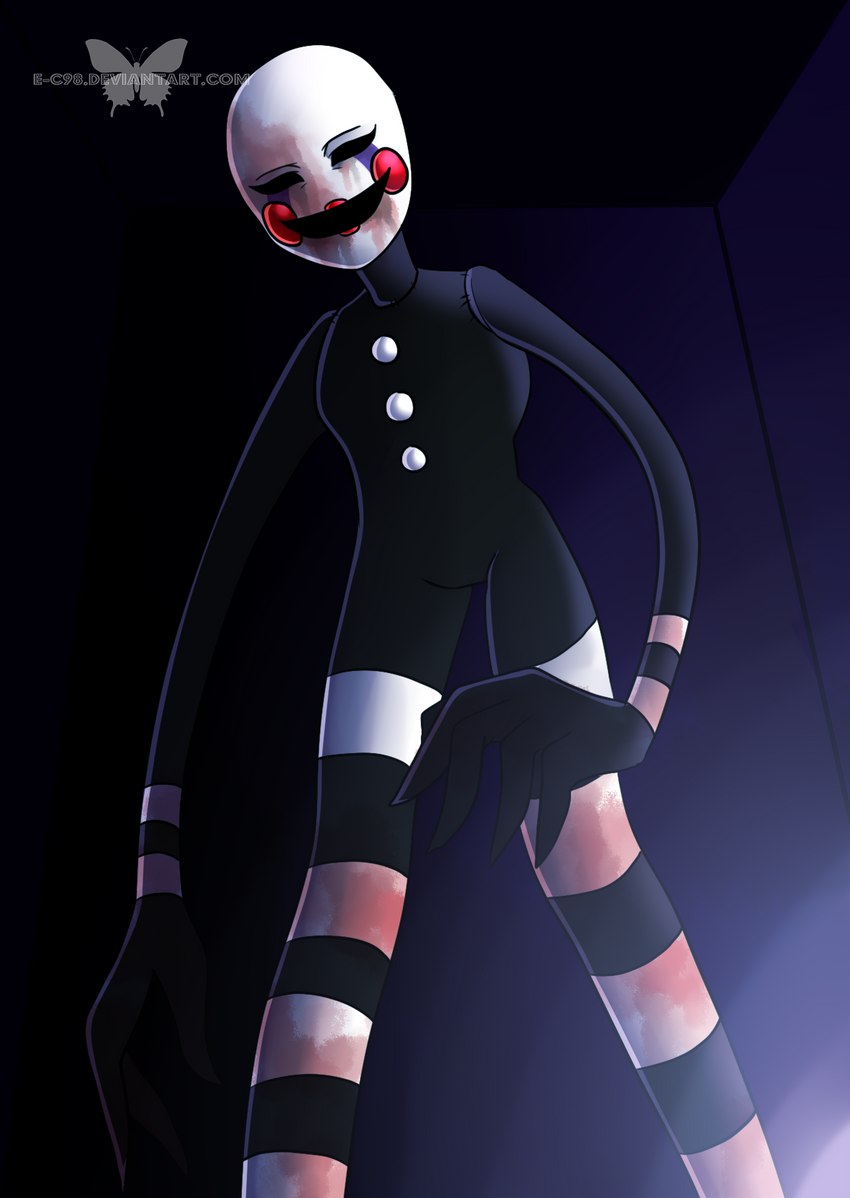 ambiguous_gender black_body blood bodily_fluids button_(fastener) creepy_smile detailed_background doll empty_eyes lipstick long_arms long_legs makeup multicolored_body nightmare_fuel not_furry open_mouth red_cheeks smile solo stripes white_face white_stripes e-c98 five_nights_at_freddy's five_nights_at_freddy's_2 scottgames marionette_(fnaf) animate_inanimate humanoid living_doll digital_media_(artwork) hi_res watermark