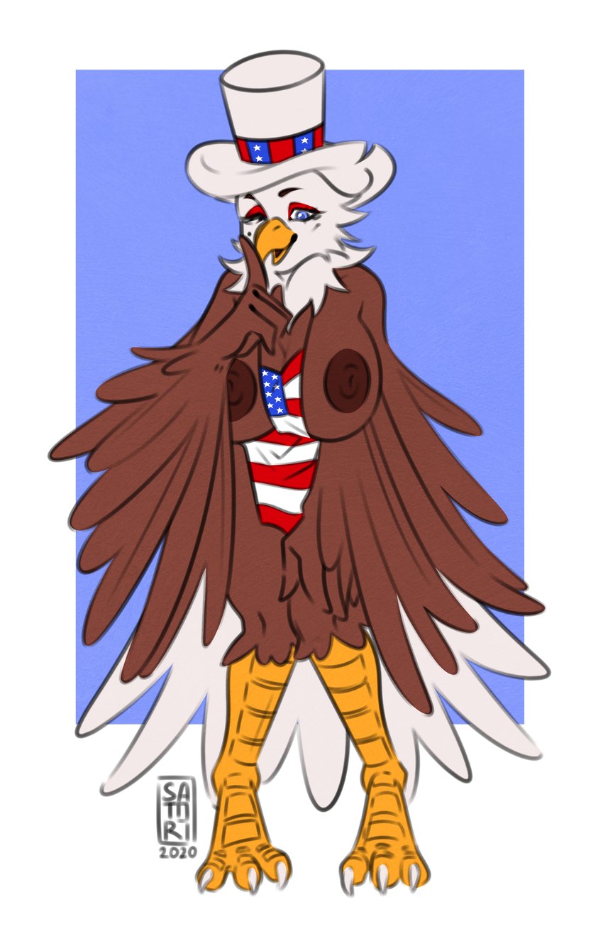 american_flag anthro avian_feet beak big_breasts blue_eyes breasts claws clothing eyelashes eyeshadow feathered_wings feathers female hat headgear headwear makeup mostly_nude nipples non-mammal_breasts smile solo standing tail tail_feathers top_hat united_states_of_america winged_arms wings satoriushiro freeda_(himynameisnobody) accipitrid accipitriform avian bald_eagle bird eagle sea_eagle absurd_res hi_res