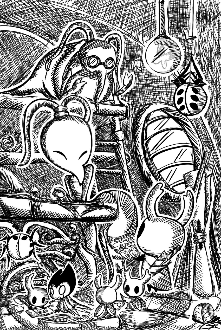 2_horns 6_eyes ambiguous_gender antennae_(anatomy) anthro arthropod_abdomen biped black_eyes cloak clothed clothing empty_eyes eyewear glasses group holding_map horn map melee_weapon multi_eye nail_(weapon) standing weapon weapon_on_back window pippyartz hollow_knight_(franchise) team_cherry cornifer_(hollow_knight) grimmchild_(hollow_knight) iselda_(hollow_knight) the_knight_(hollow_knight) arachnid arthropod vessel_(species) weaver_(hollow_knight) 2023 hi_res monochrome female_(lore) male_(lore)