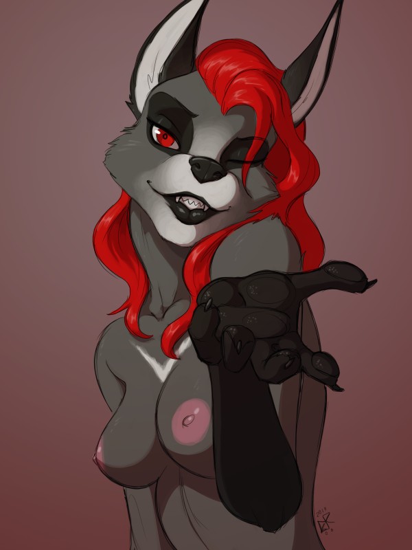 anthro black_lipstick breasts fangs female fur hair lipstick looking_at_viewer makeup nipples nude one_eye_closed red_eyes red_hair smile solo teeth wink ldr vermillion canid canine fox mammal vampire 3:4 absurd_res bust_portrait hi_res portrait