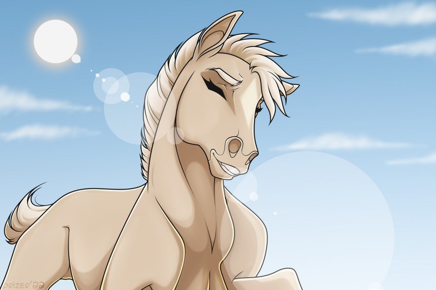 ambiguous_gender eyebrows eyes_closed feral hair happy lens_flare mane raised_leg short_tail simple_background smile solo sun tail teeth drizer arzi_(wasen) equid equine horse mammal 2022 digital_media_(artwork)