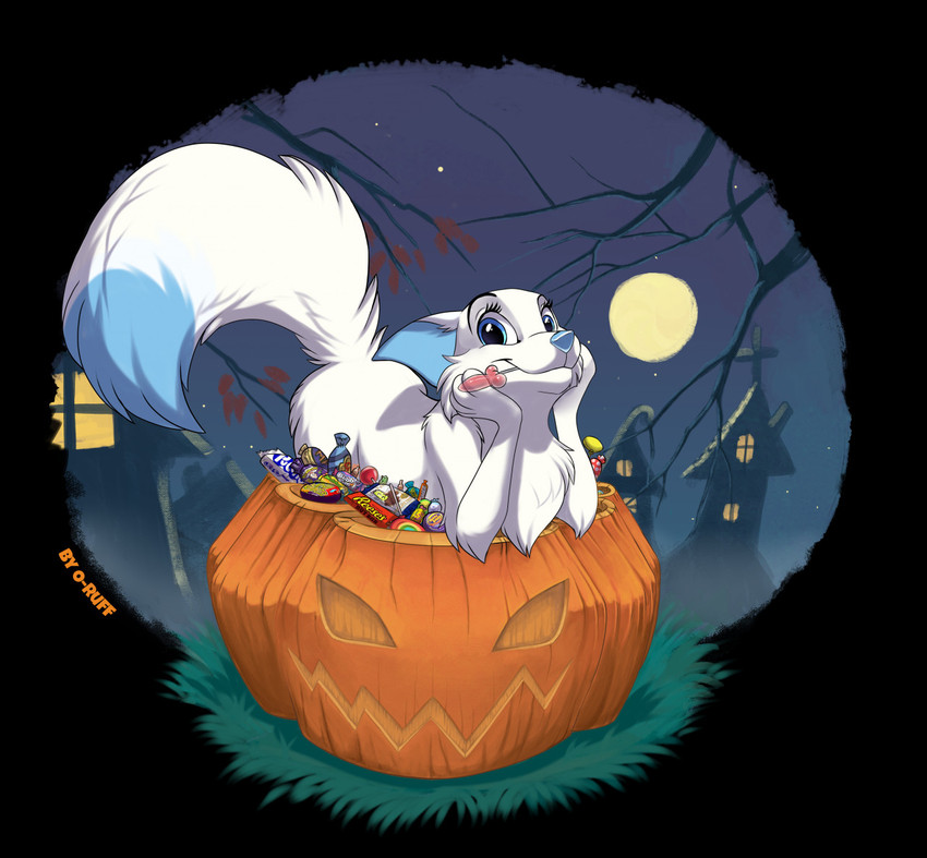 blue_eyes candy dessert dipstick_tail female feral food fruit fur holidays lollipop markings moon multicolored_body multicolored_fur multicolored_tail night plant pumpkin solo tail tail_markings white_body white_fur o-ruff halloween avey_(avey_aveon) canid canine canis fox mammal