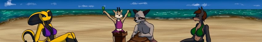 anthro beach female group happy male sand_castle sculpture sea seaside vacation water wide_image ruanshi circe_(ruanshi) francine_(ruanshi) ruanshi_(oc) canid canine canis cervine cobra deer domestic_dog mammal procyonid raccoon reptile scalie snake character_request hi_res long_image