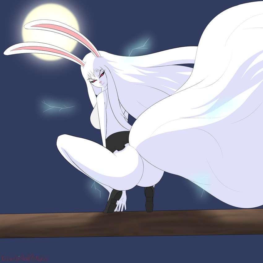 anthro black_sclera bottomwear breasts butt clothing crouching electricity female fur hair long_hair looking_at_viewer looking_back moon red_eyes skirt solo white_body white_fur white_hair kawaiiredpandas one_piece carrot_(one_piece) sulong_carrot lagomorph leporid mammal minkmen_(one_piece) rabbit 1:1 absurd_res hi_res