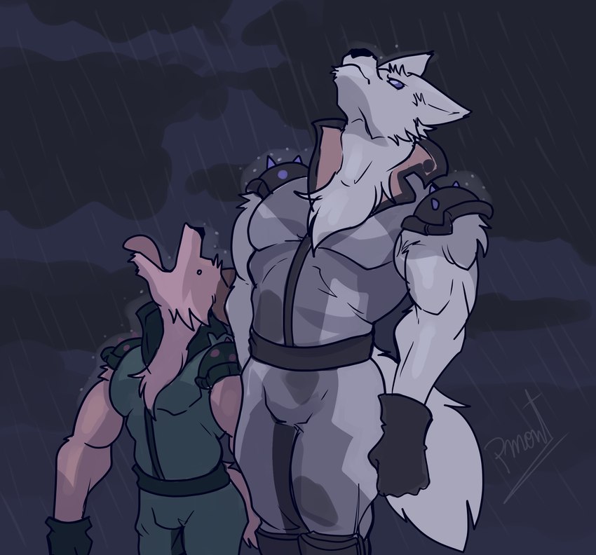 anthro belt bulge clothed clothing duo fur gloves handwear looking_up male meme_pose muscular muscular_anthro muscular_male raining spikes tail tongue tongue_out wet wet_body wet_fur pinumontbalou epic_games fortnite yummy_rain_(meme) fennix_(fortnite) volpez_(fortnite) arctic_fox canid canine canis fox mammal red_fox true_fox hi_res meme brother_(lore) brothers_(lore) sibling_(lore)