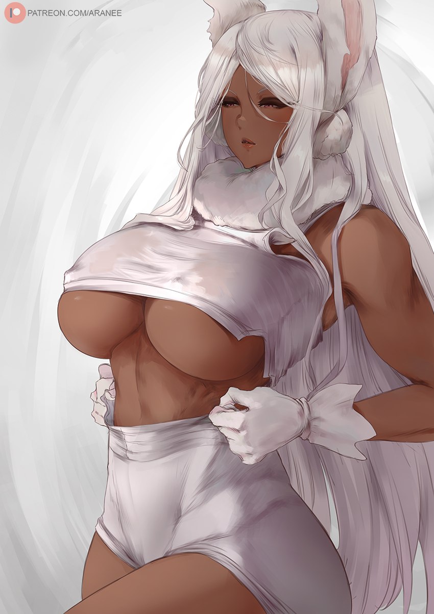 big_breasts bottomwear breasts brown_body brown_skin clothed clothing female gloves hair handwear huge_breasts shorts solo under_boob white_hair araneesama my_hero_academia rumi_usagiyama animal_humanoid humanoid lagomorph lagomorph_humanoid leporid_humanoid mammal mammal_humanoid rabbit_humanoid 2021 hi_res