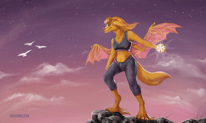 anthro black_clothing bottomwear button_ears clothed clothing detailed_background female floppy_ears fur group magic_user membrane_(anatomy) membranous_wings outside pants pink_nose purple_eyes shirt small_wings solo_focus standing tank_top topwear wings yellow_body yellow_fur dragonislera amber_wind_(character) bird_dog canid canine canis domestic_dog golden_retriever hunting_dog mammal retriever 2020 digital_media_(artwork)