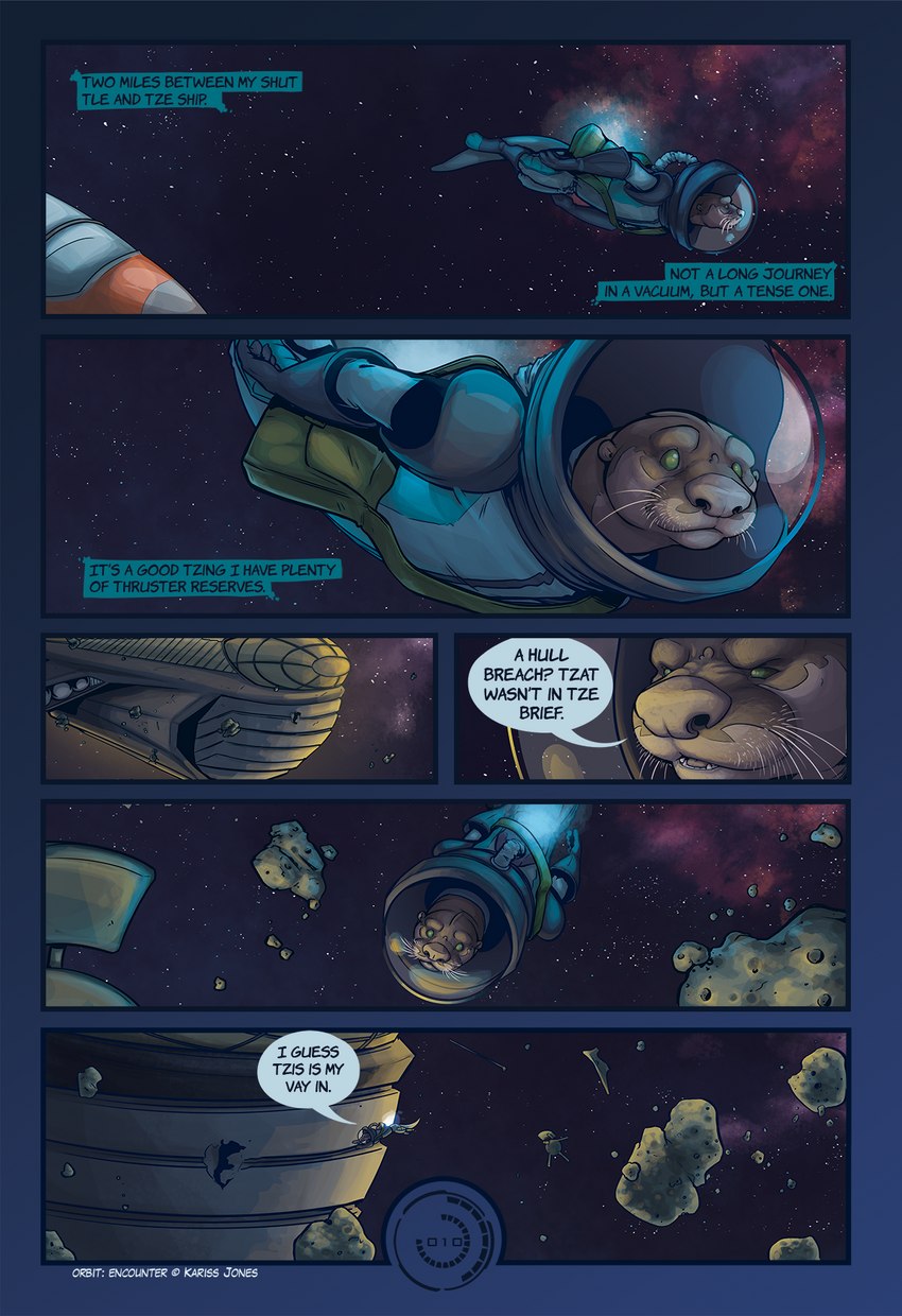 anthro biped brown_body clothed clothing dialogue dialogue_box green_eyes male meteor planet solo space spacecraft spacesuit speech_bubble star text vehicle whiskers mgferret oscar_(mgferret) alien mammal mustelid otter 2017 colored comic english_text hi_res