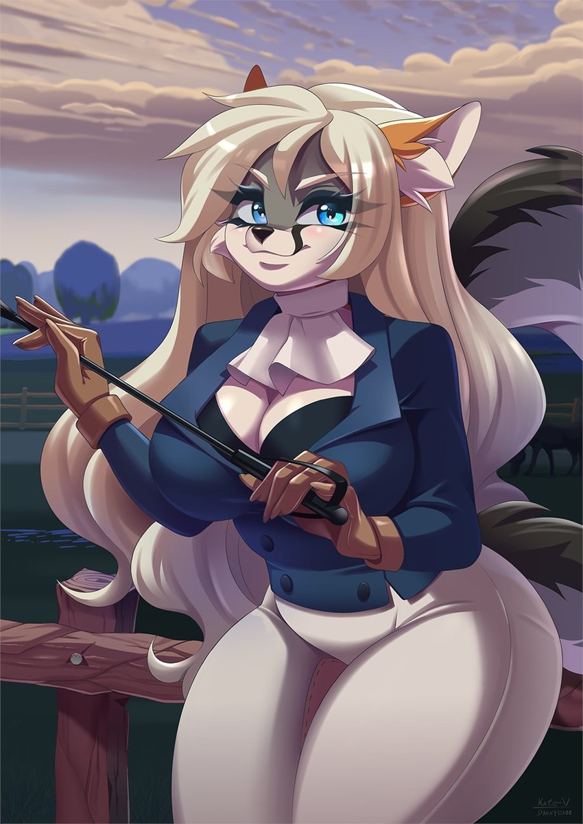 anthro big_breasts blonde_hair breasts cleavage clothed clothing female gloves hair handwear riding_crop solo whip dannyckoo kinuli domestic_cat felid feline felis mammal hi_res