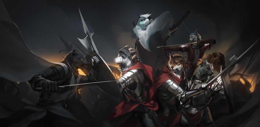 angry anthro armor bared_teeth battle blue_eyes bow_(weapon) cape clothing darkcyanblade fighting_pose group halberd knight medieval melee_weapon outside polearm pose ranged_weapon scar shield snow sword warrior warriors weapon kadrion mythology gunner_(kadrion) kinsowolf rakan rayting american_opossum border_collie canid canine canis collie domestic_dog felid feline fox herding_dog lynx mammal marsupial mythological_canine mythological_creature pastoral_dog sheepdog werecanid werecanine werecreature werewolf wolf 2020 absurd_res digital_media_(artwork) hi_res