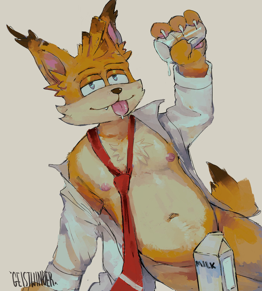 accessory anthro bedroom_eyes belly bottomless bottomless_anthro claws clothed clothing container convenient_censorship cup ear_tuft facial_tuft finger_claws fur glass glass_container glass_cup looking_at_viewer male milk milk_carton milk_container narrowed_eyes necktie nipples one_fang open_clothing open_shirt open_topwear orange_body orange_fur pink_nipples seductive shirt solo tongue tongue_out topwear tuft geistwinder bubsy_(series) bubsy_4d bubsy_bobcat bobcat felid feline lynx mammal absurd_res hi_res