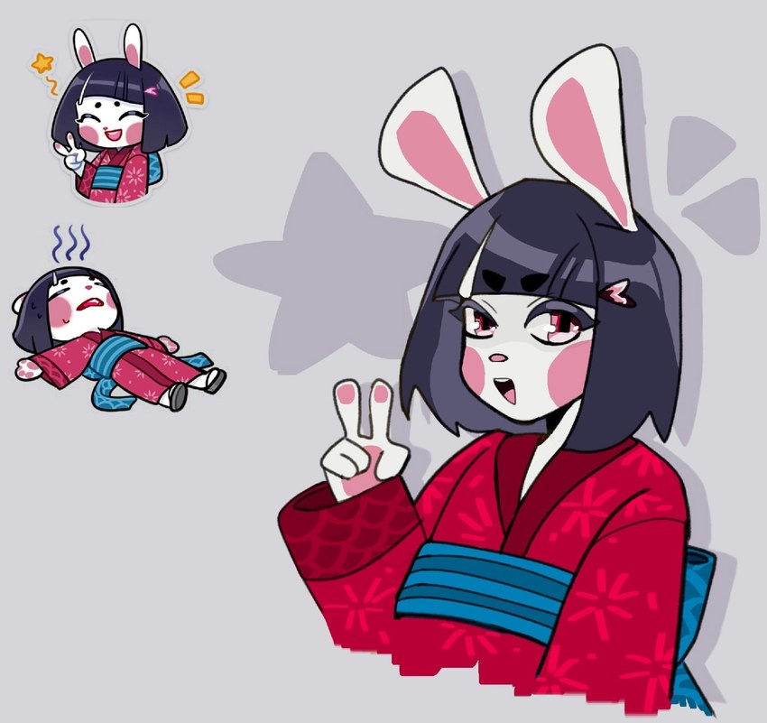 5_fingers anthro asian_clothing black_hair clothed clothing dress east_asian_clothing emote female fingers fur gesture hair hand_gesture japanese_clothing kimono looking_at_viewer open_mouth open_smile pawpads pink_cheeks pink_eyes pink_nose pink_pawpads red_clothing red_kimono simple_background smile solo star tongue v_sign white_body white_fur wnnnhh vkontakte usagichi_(vkontakte) lagomorph leporid mammal rabbit 2022 hi_res