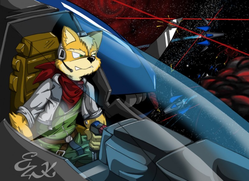 anthro arwing clothed clothing fully_clothed green_eyes male solo space leo_zeke nintendo star_fox fox_mccloud canid canine fox mammal 2009