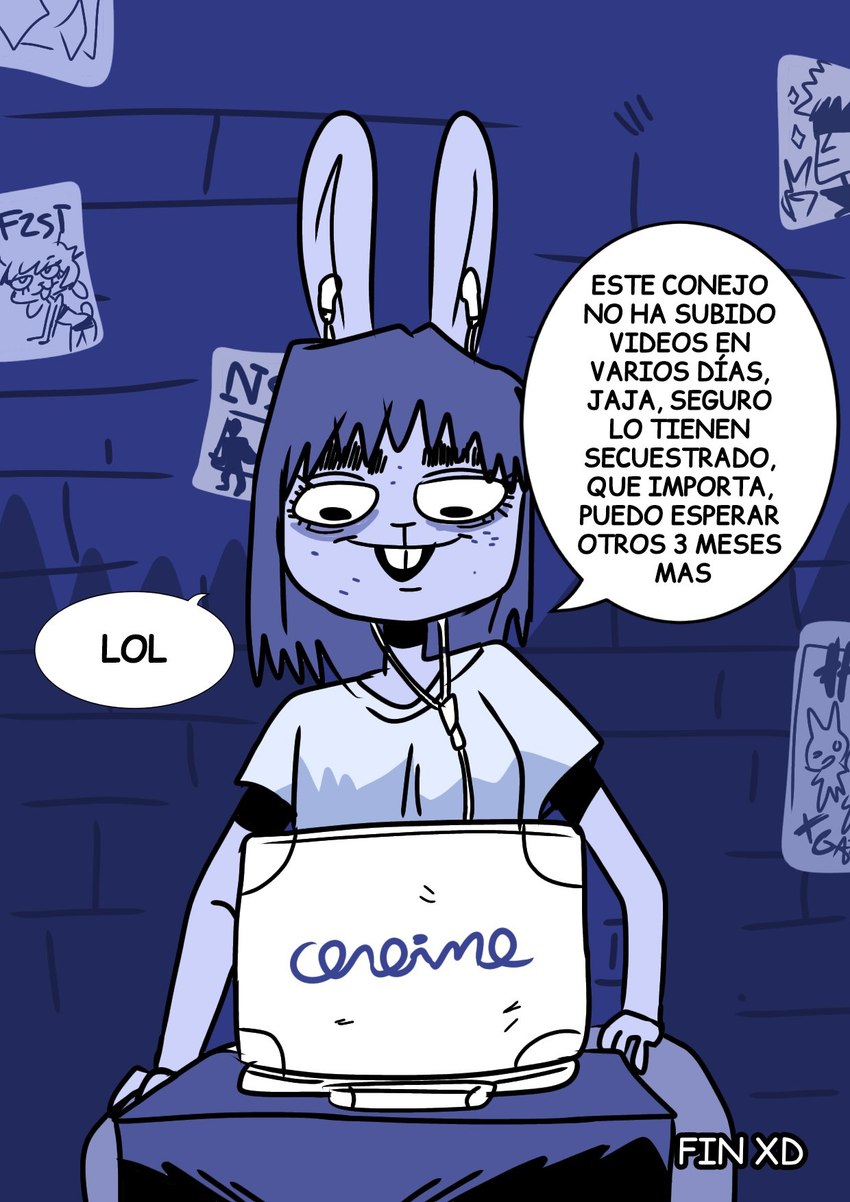 anthro clothed clothing computer dialogue electronics eyebrows female fur hair headgear headphones laptop open_mouth simple_background sitting solo speech_bubble teeth text thick_eyebrows renita_reed jujutsu_kaisen gojo_satoru lagomorph leporid mammal rabbit comic digital_media_(artwork) hi_res spanish_text translated