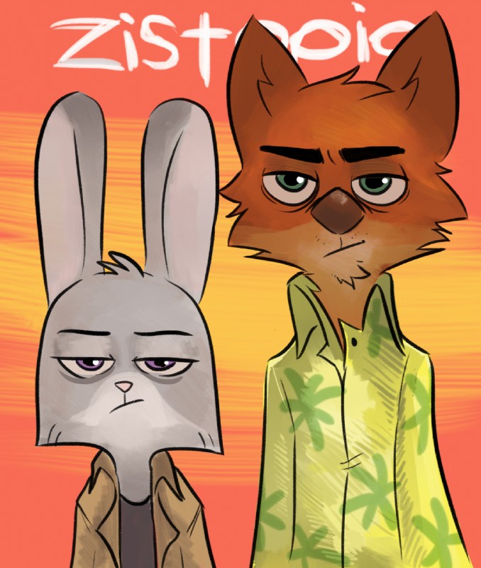 anthro clothed clothing duo female fur male chumpy disney zistopia zootopia judy_hopps nick_wilde canid canine fox lagomorph leporid mammal rabbit red_fox true_fox 2016 hi_res