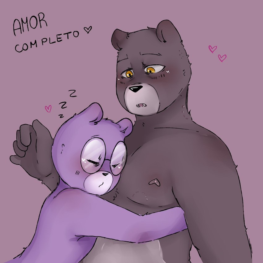 anthro black_nose blush brown_body duo eyes_closed eyewear glasses hug humanoid_hands male nipples purple_body sleeping text zadscat unicorn_wars padre_(unicorn_wars) sargento_caricias bear mammal 1:1 2023 hi_res spanish_text