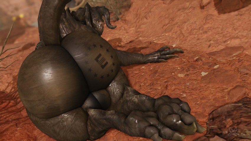 anthro backsack balls big_balls big_butt branded butt claws genitals horn huge_butt looking_back male outside solo tail yellow_eyes willie_piv fallout microsoft enclaw_(willie_piv) deathclaw scalie 3d_(artwork) digital_media_(artwork) hi_res