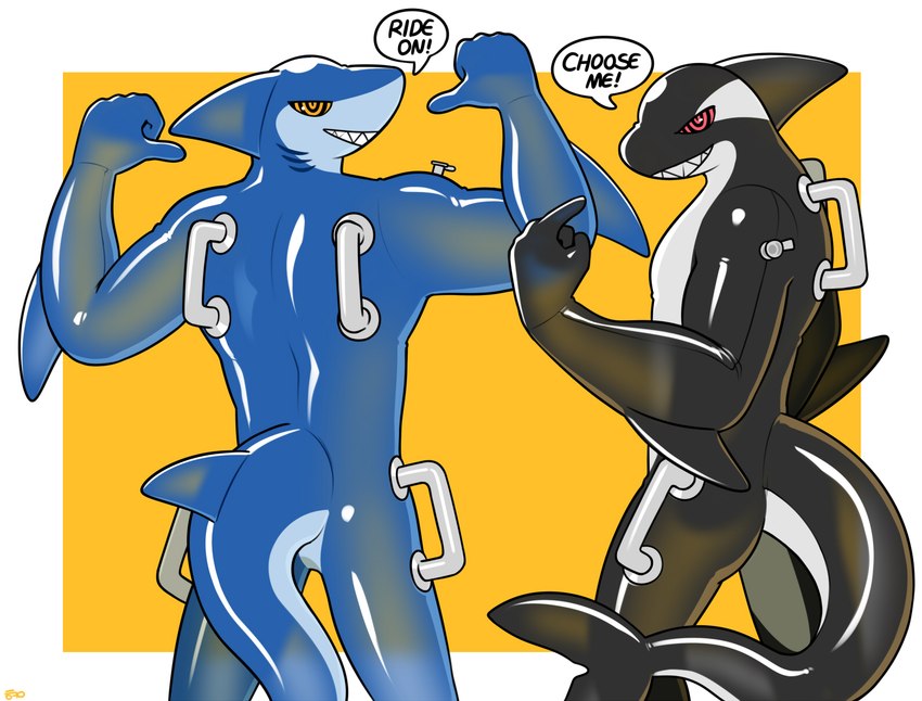 anthro dialogue duo fin glistening glistening_body grin head_fin inflatable male semi-transparent simple_background smile speech_bubble tail tail_fin text hacony animate_inanimate fish living_inflatable marine shark english_text hi_res