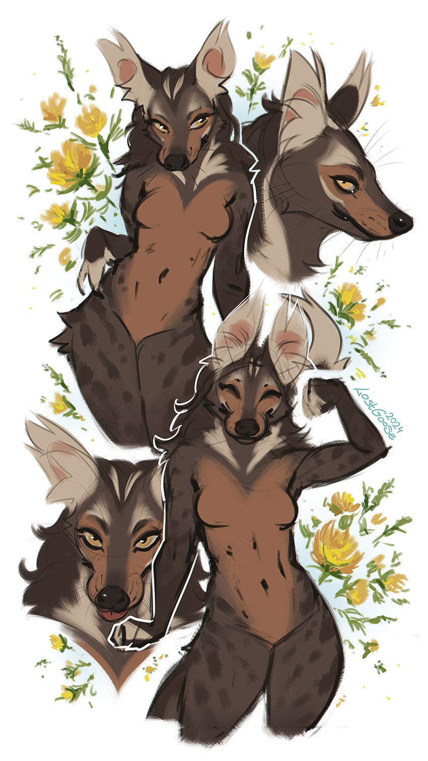 anthro eyes_closed female flexing flower plant solo tongue tongue_out lostgoose mammal viverrid 2024 9:16 colored_sketch hi_res sketch sketch_page